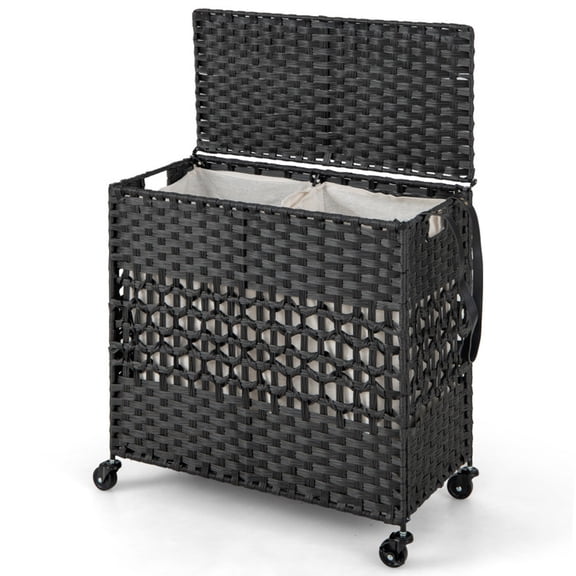 SUGIFT 110L 2 Section Laundry Hamper Rolling Laundry Sorter with 2 Removable Washable Liner Bags Flip Lid PE Rattan Steel Frame 4 Wheels and Foldable Design for Bedroom, Black