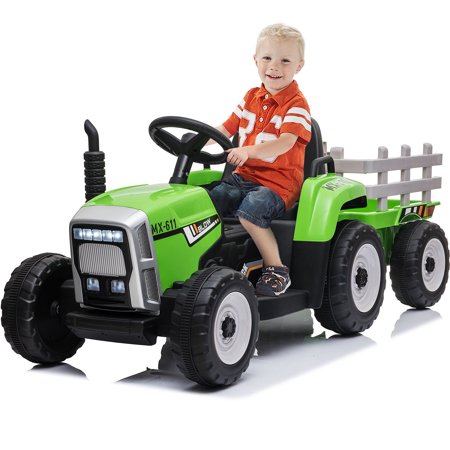 SUGIFT 12V Kids Ride On Tractor with Trailer Ground Loader with Remote Control &LED Lights