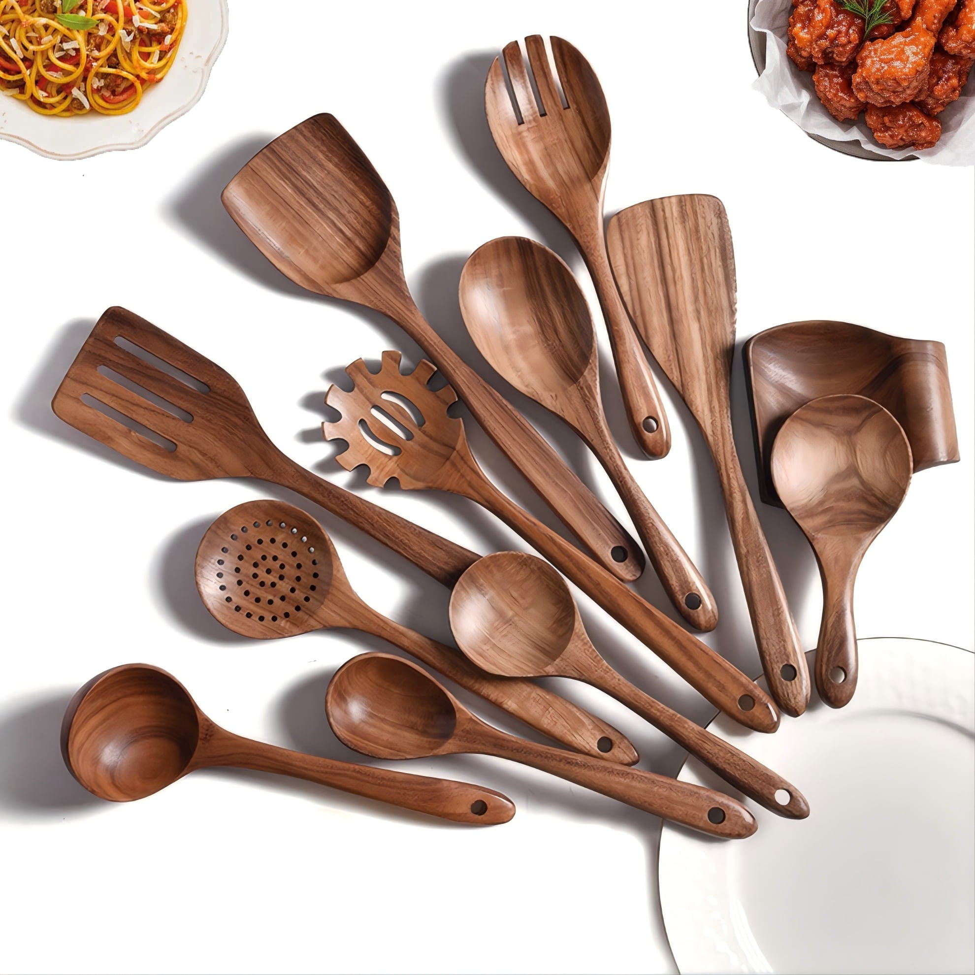 SUGIFT 13-Piece Wooden Cooking Utensils Brown, Kitchen Utensil Set with Holder, Spoon Rest, and Hanging Hooks - Walmart.com