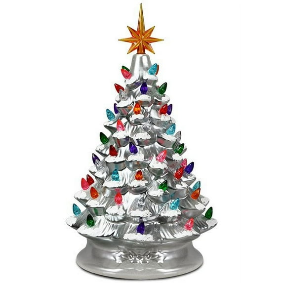 SUGIFT 15'' Hand-Painted Ceramic Tabletop Christmas Tree Silver