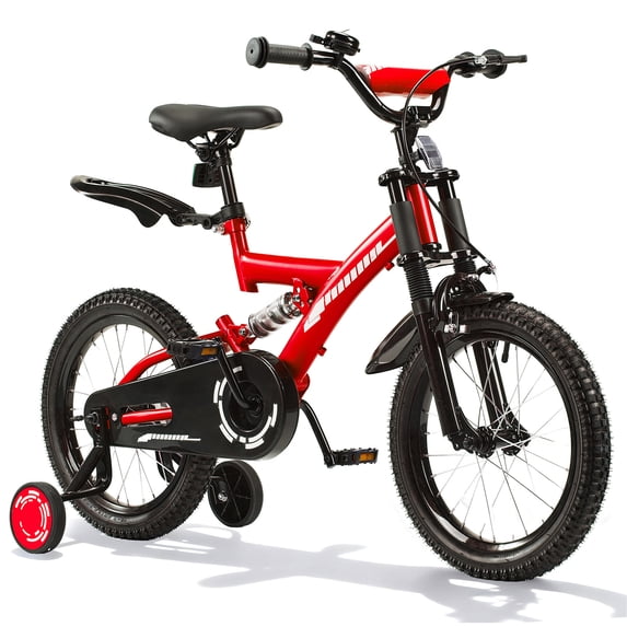 SUGIFT 18 Inch Kids Bike for Boys Girls Ages 6-9, Training Wheels, Handbrake and Bell, Red