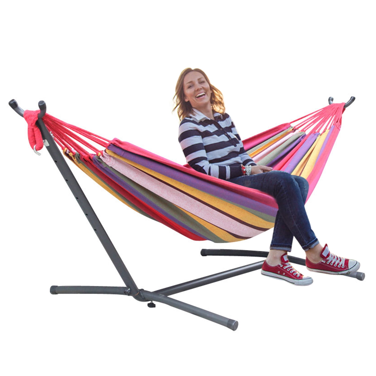 SUGIFT 2Person Brazilian Cotton Hammock with Stand Set Rainbow Colored
