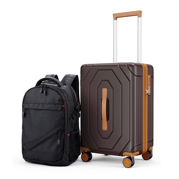 SUGIFT 2 Piece Luggage Set with Backpack, 20 Inch Carry-On Hardshell Suitcase with Spinner Wheels and TSA Lock, Lightweight PC Travel Set, Dark Brown