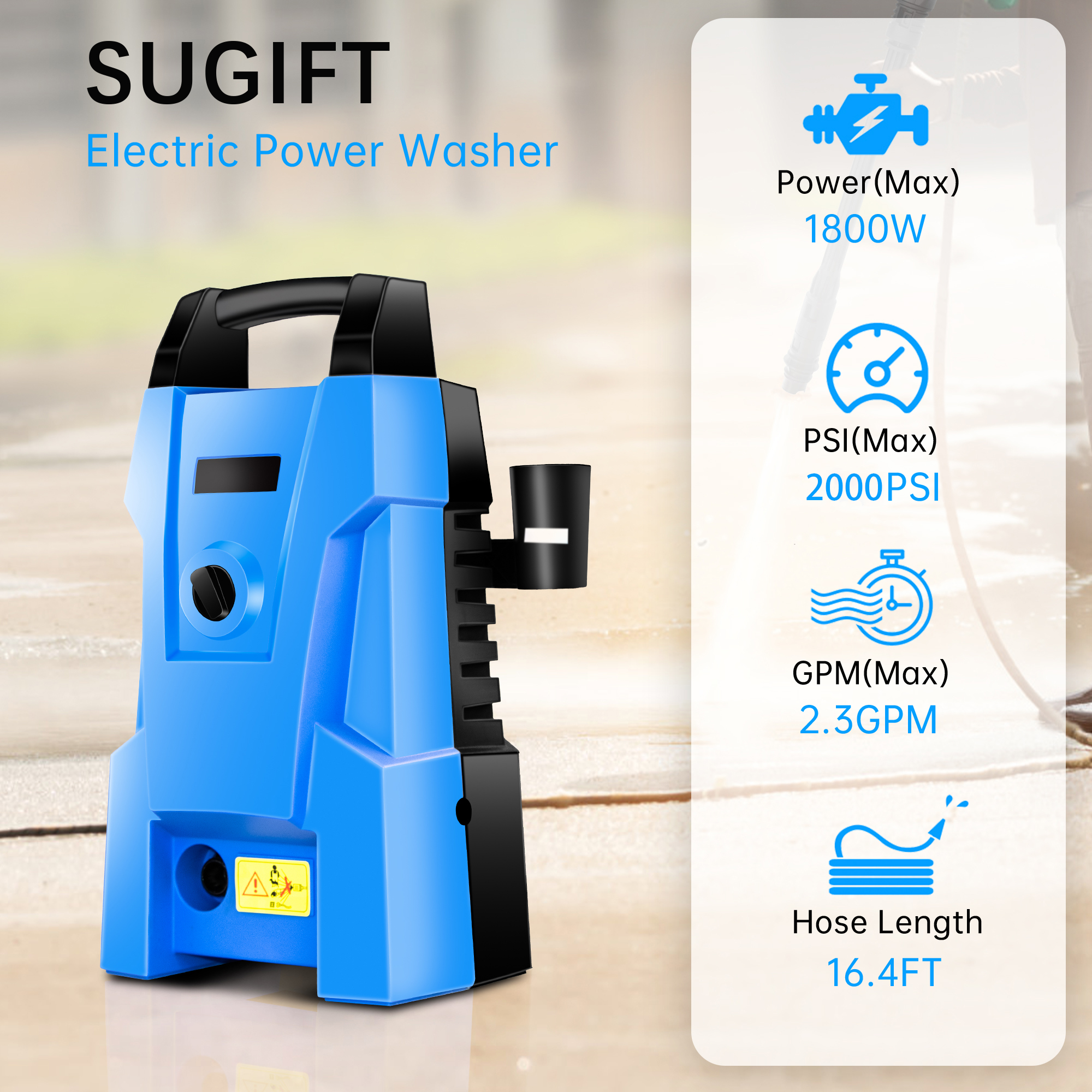 SUGIFT 2000 PSI 2.3 GPM Electric Pressure Washer 1800W High Pressure
