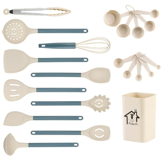 SUGIFT 21-Piece Silicone Kitchen Utensil Set for Cookware, Cooking Utensils Set with Heat-Resistant Wood Handles, Blue