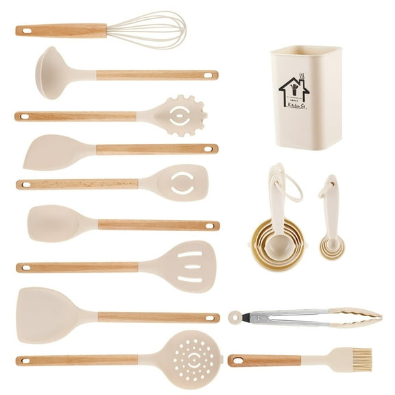 SUGIFT 22-Piece Silicone Kitchen Utensil Set for Cookware, Cooking Utensils Set with Heat-Resistant Wood Handles, Cream White