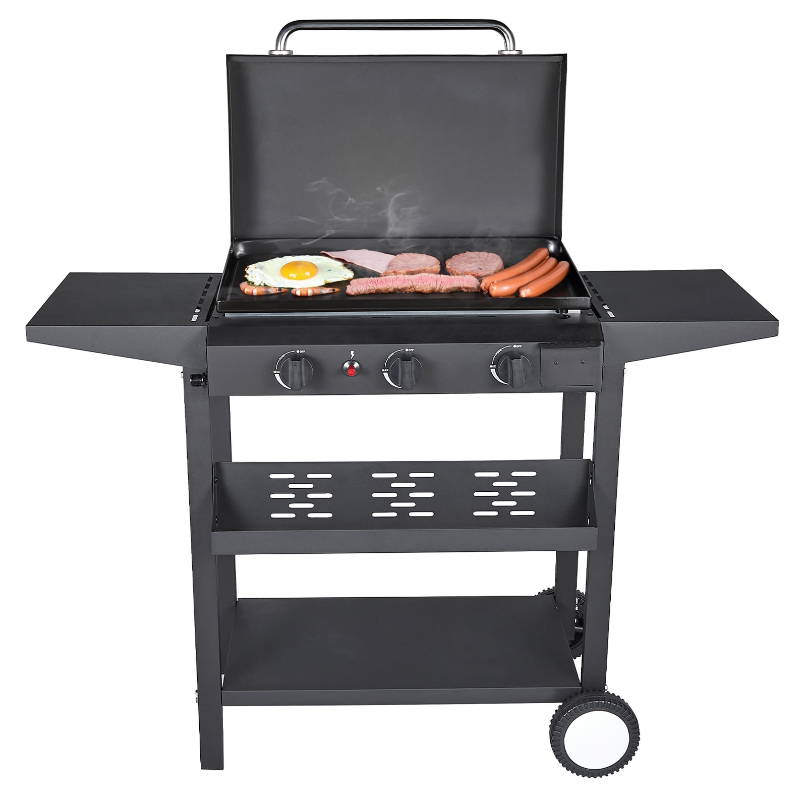 SUGIFT 3 Burner BBQ Propane Gas Grill, Stainless Steel 24,500 BTU Patio  Garden Griddle Cooking Station with Side Shelves 