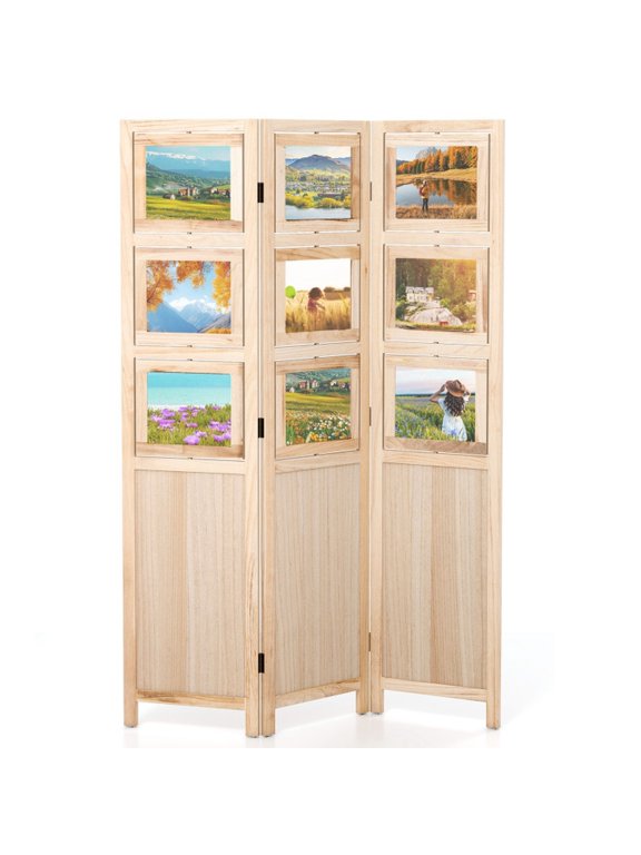 3 Panel Folding Privacy Screen Room Divider with 9 Swivel Paulownia Wood Photo Frames Portable Partition with Foot Pads for Home Office Living Room, Natural