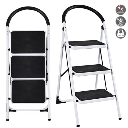 SUGIFT 3-Step Portable Folding Steel Ladder with Wide Platform Steps, 330lbs Capacity, White