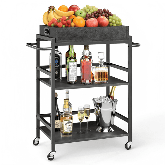 SUGIFT 3-Tier Kitchen Carts with Metal Frame, Small Rolling Coffee Cart Organizer, Microwave Table Stand Storage, Gray