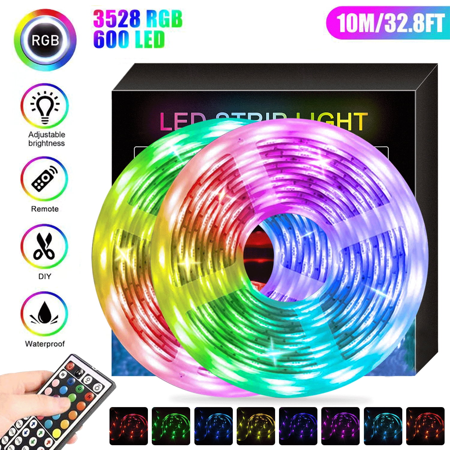 SUGIFT 32.8 ft LED Light Strip RGB LED Light Strip Color Changing 3528 600  LEDs with 44 Keys IR Remote for Home Bedroom Kitchen DIY Decoration 
