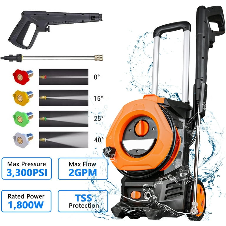SUGIFT 3300PSI Electric Pressure Washer with 4 Nozzles Foam Cannon and Hose  Reel Orange
