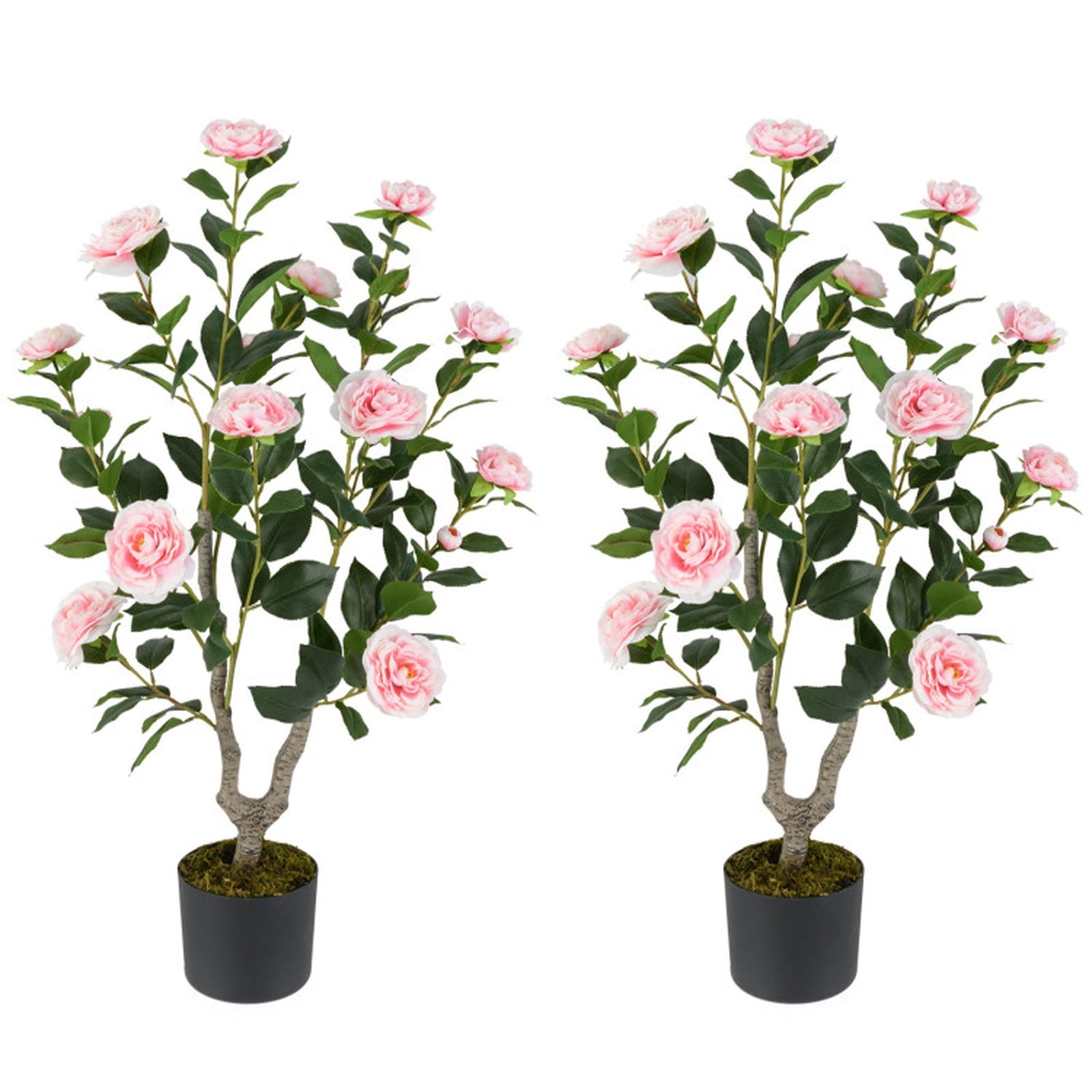 SUGIFT 36 Inch Artificial Camellia Tree with Blooming Flower, 2 Pack Faux Pink Flower Plant in Pot for Living Room Bedroom Decor, Pink + Green,