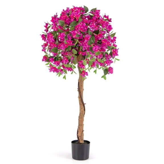 SUGIFT 4.5 FT Artificial Azalea Tree with Cement Pot, Faux Flowering Tree with Red Blooms and Green Leaves for Indoor Living Room Decor, Red & Green