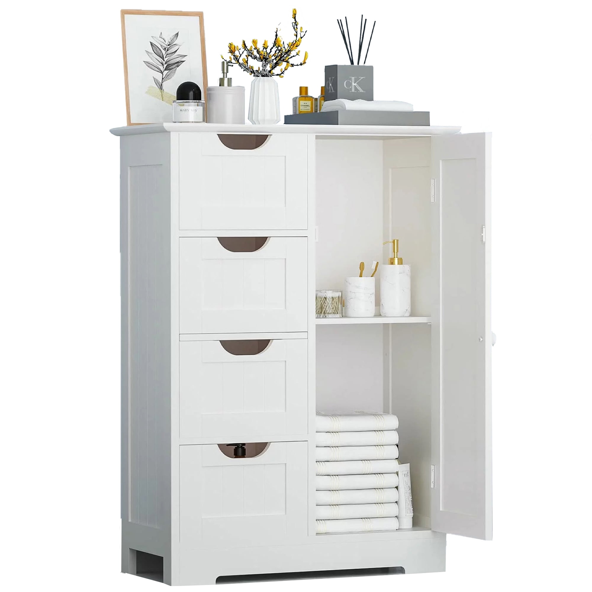 Costway Wooden 4 Drawer Bathroom Cabinet Storage Cupboard 2 Shelves Free  Standing White