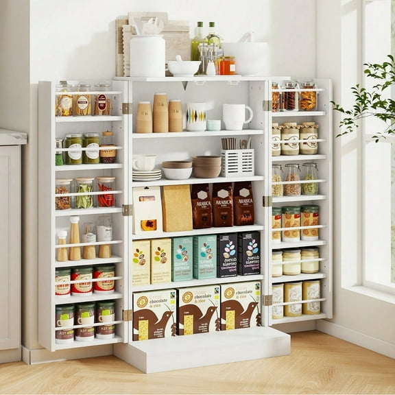 SUGIFT 41'' Kitchen Storage Cabinet, Freestanding Pantry Cabinet with 5-Layer Adjustable Shelves for Dining Room, White