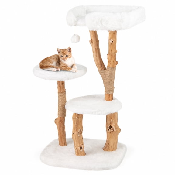 SUGIFT 44 Inch Solid Wood Cat Tree with Top Perch Natural Jute Scratching Posts Modern Wooden Cat Tower with Plush Platforms for Large Cats, White