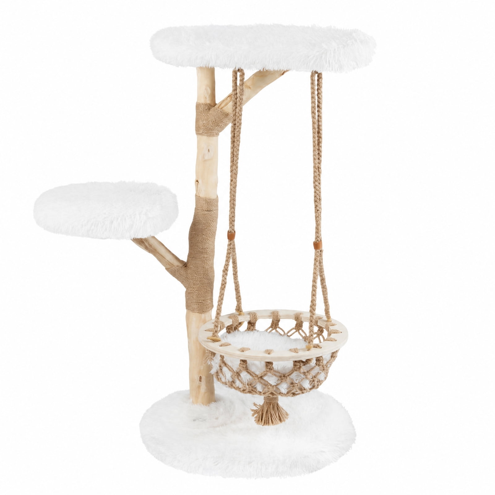 SUGIFT 48.5 Inch Solid Wood Cat Tree with Hanging Cradle, Tall Modern Cat Tree Tower for Large Cats with Jute Post and Plush Perch, Natural and White