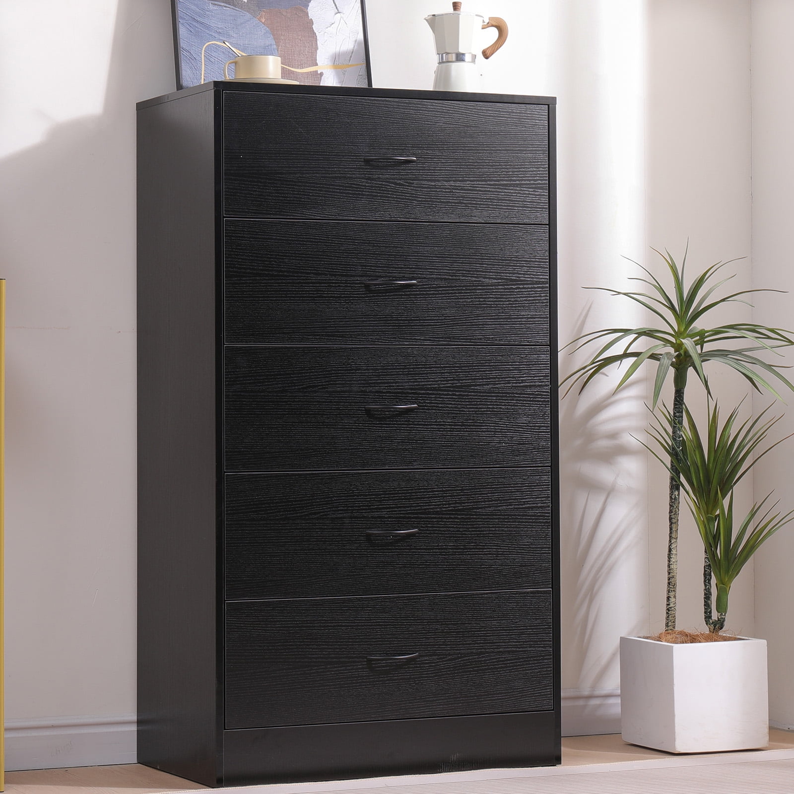 sugift 5 drawer dresser black dresser chest for bedroom