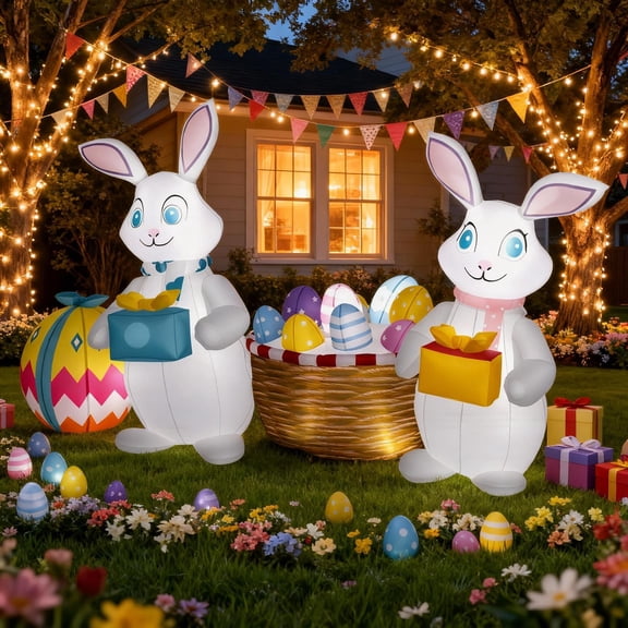 SUGIFT 5 FT Easter Bunny Inflatable with LED Lights, Eggs and Basket, Outdoor Yard Decoration
