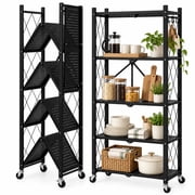 SUGIFT 5-Tier Foldable Shelf with Wheels, Metal Shelving Unit for Kitchen and Garage, Black