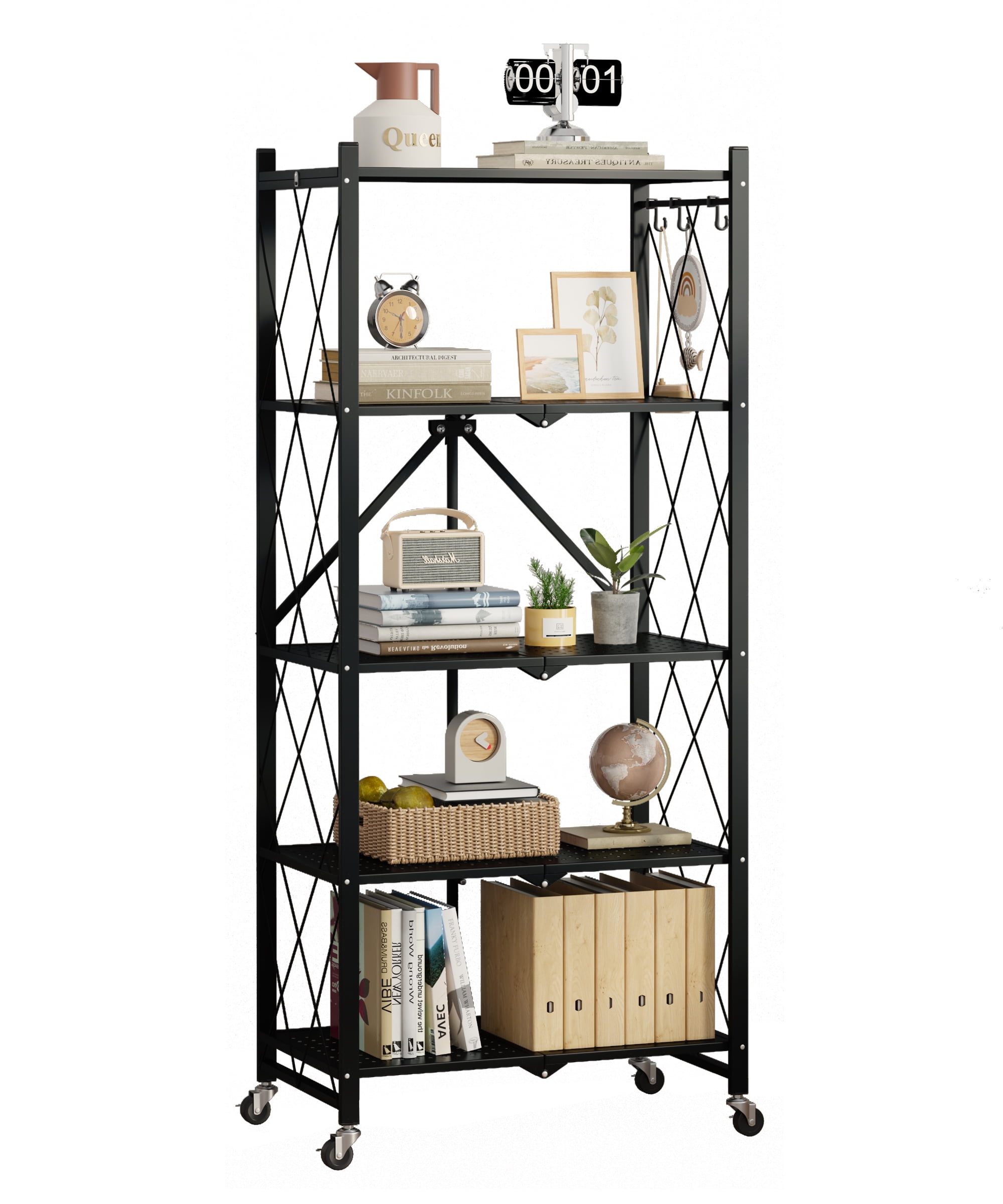 SUGIFT 5-Tier Foldable Metal Storage Shelf with Wheels, No Assembly, Heavy-Duty Organizer (750 lbs) for Home, Garage & Office, Black