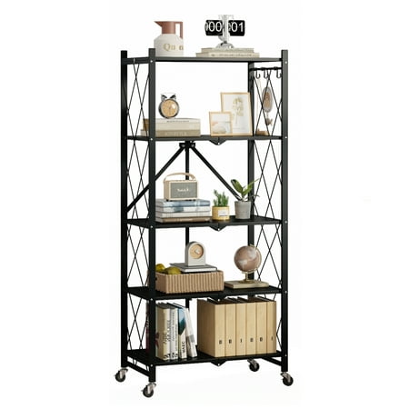 SUGIFT 5-Tier Foldable Metal Storage Shelf with Wheels, No Assembly, Heavy-Duty Organizer (750 lbs) for Home, Garage & Office, Black