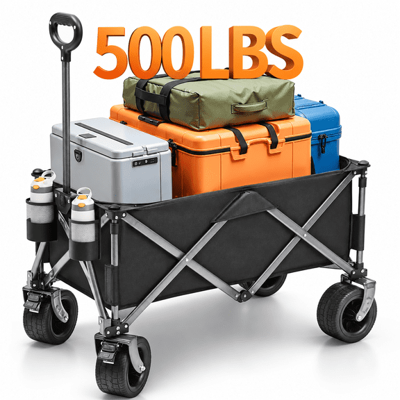 SUGIFT 500lbs Capacity Collapsible Wagon Cart, Beach Wagons with Big All-Terrain Wheels, 150L Utility Carts for Groceries, Camping, Black