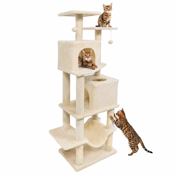 SUGIFT 57 Inch Cat Tree with Dual Condos and Hammock and 2 Dangling Balls Tall Cat Tower for Indoor Cats, Beige,