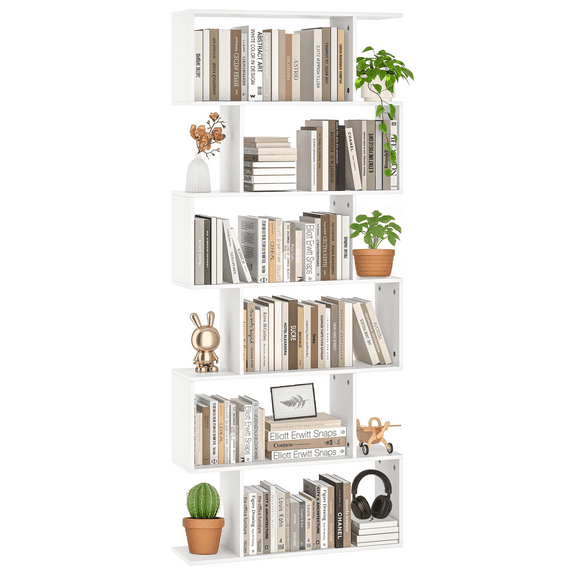 SUGIFT 6 Tier Geometric Bookcase, S Shaped Bookshelf for Bedroom, Decorative display shelves, Wood Storage Shelving, White
