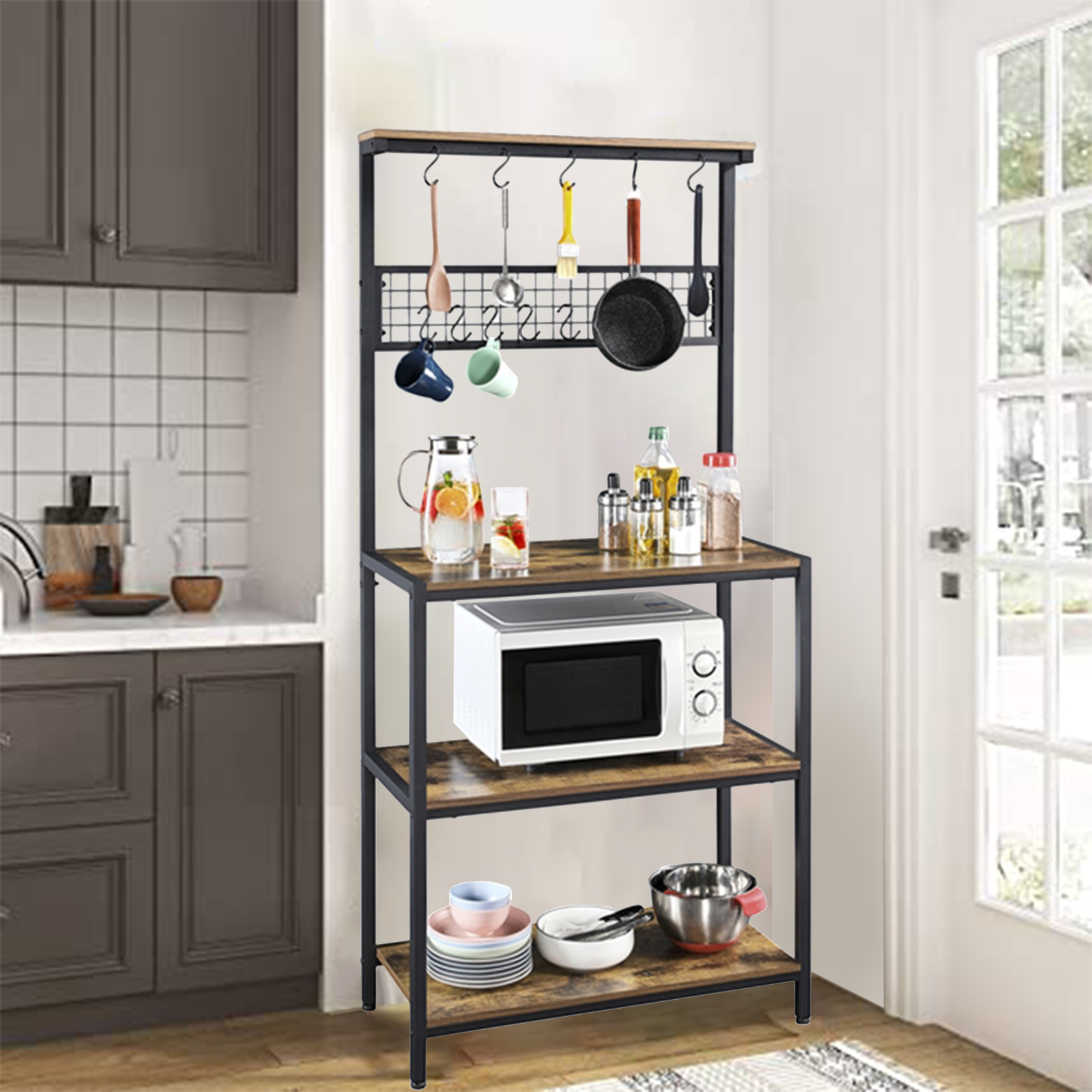SUGIFT 67" Wooden Kitchen Bakers Rack with 4 Storage Shelves & 10 Hooks