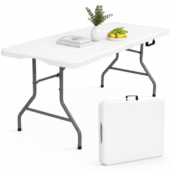 SUGIFT 6ft Fold-in-Half Folding Table Portable Plastic Picnic Party Dining Camp Table with Carrying Handle, White