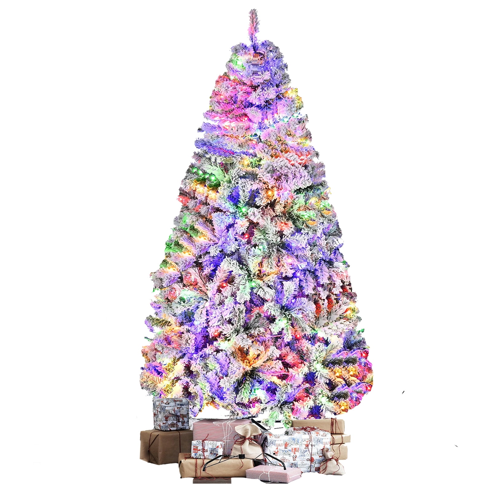 SUGIFT 7.5ft Pre-Lit Christmas Tree Artificial Snow Flocked Pine Tree for Home, Office, Party Decoration w/ 550 Warm-White & Multicolored Lights, 9 Light Sequences, Metal Base & Hinges