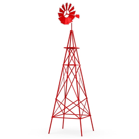SUGIFT 8 Feet Metal Windmill, Ornamental Wind Wheel Weathervane with Rotating Blades, 4 Support Legs and Ground Stakes, Weather Resistant for Garden Yard Farm Outdoor Decoration, Red Finish