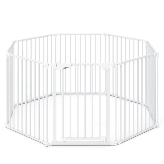 SUGIFT 8 Panel Extra Wide Pet Safety Gate Freestanding Metal Dog Gate with Door Auto Close Lockable Playpen and 270 Degree Hinges Foldable Expandable Fence for Doorways Stairs and Fireplace, White