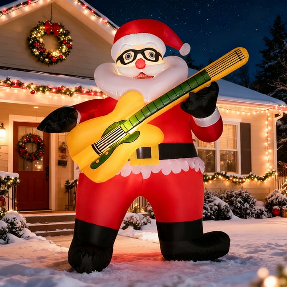 SUGIFT 6FT Inflatable Santa with Guitar, Lighted Christmas Blow Up Decoration with LED Lights & Built-In Blower for Outdoor Yard