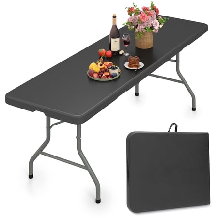 Harigal 8ft Folding Table Portable Fold-in-Half Design with Handle, Large Folding Table for Indoor Outdoor Events, Black