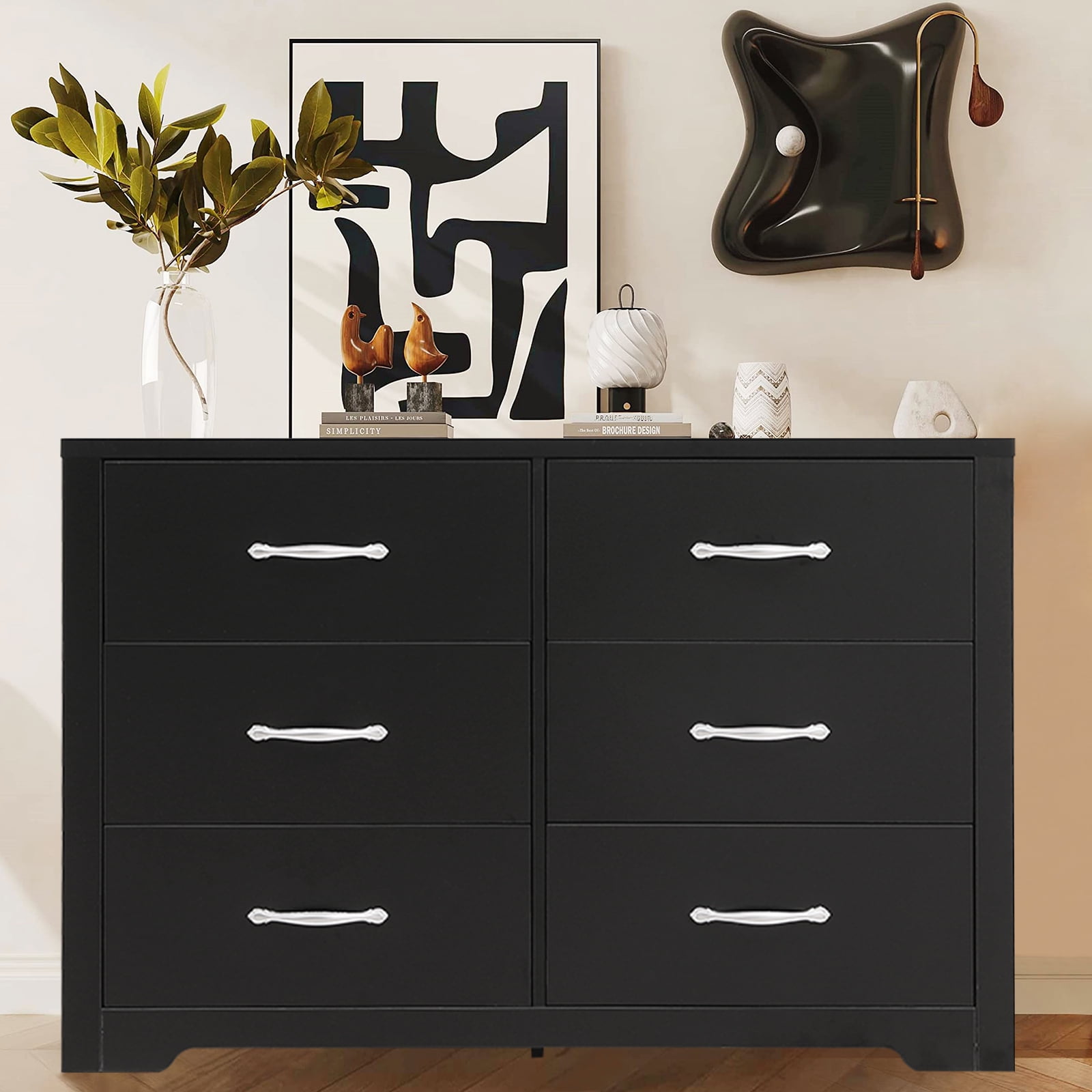 SUGIFT Black Double Dressers, Chest of 6 Drawers, Dresser for Bedroom ...