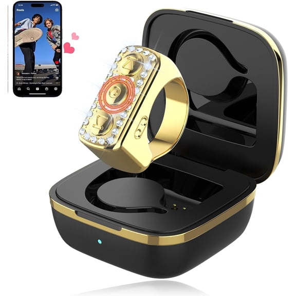 SUGIFT Bluetooth Scrolling Ring for TikTok with Glitter Rhinestones, Wireless Finger Remote Control & Page Turner with Charging Case, Camera Shutter for iPhone iPad Android, Gold