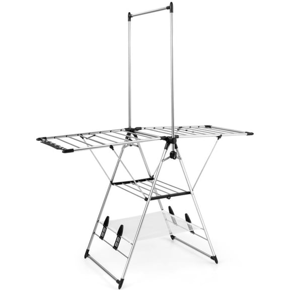 SUGIFT Clothes Drying Rack with 6 Level Adjustable Height 3 Tier Foldable Stainless Steel Laundry Rack Gullwing with Side Clips and 4 Shoe Holders for Balcony Laundry Room and Patio, Silver