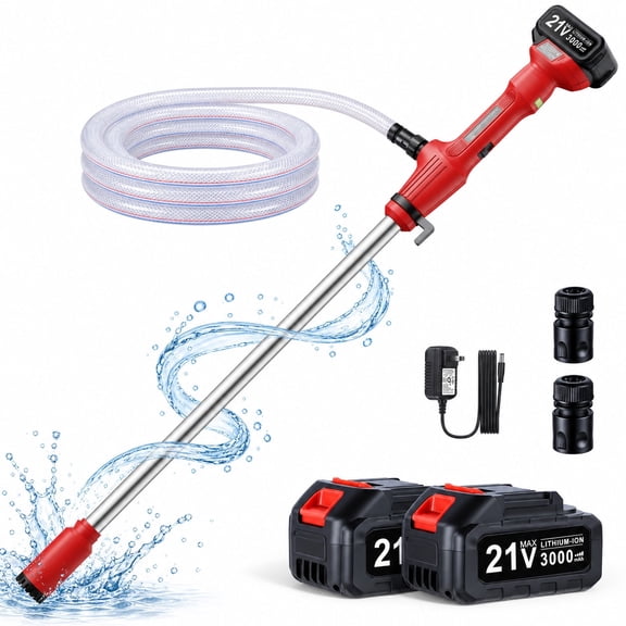 SUGIFT Cordless Stick Water Transfer Pump 720 GPH with Two 21V Batteries and Charger, Battery Powered Pump with Bottom Suction and 32 ft Head for Pool Pond RV and Boat, Red