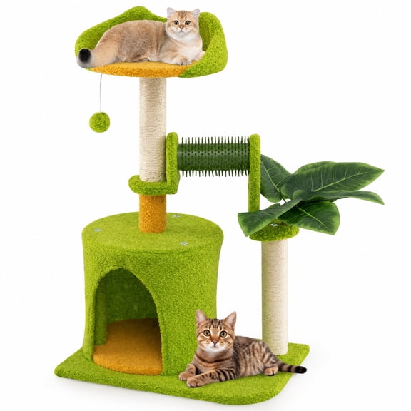 SUGIFT Cute 31 Inch Palm Cat Tree for Indoor Cats with Artificial Leaves, Small Cat Tower with Sisal Scratching Post Condo and Plush Perch, Green