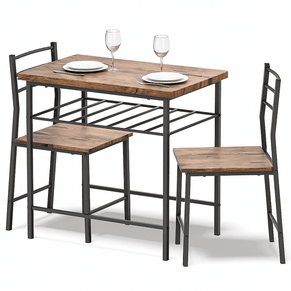 SUGIFT 3-Piece Modern Dining Table Set for 2, Square Table & Chairs Set w/ Steel Frame, Storage Rack, Brown