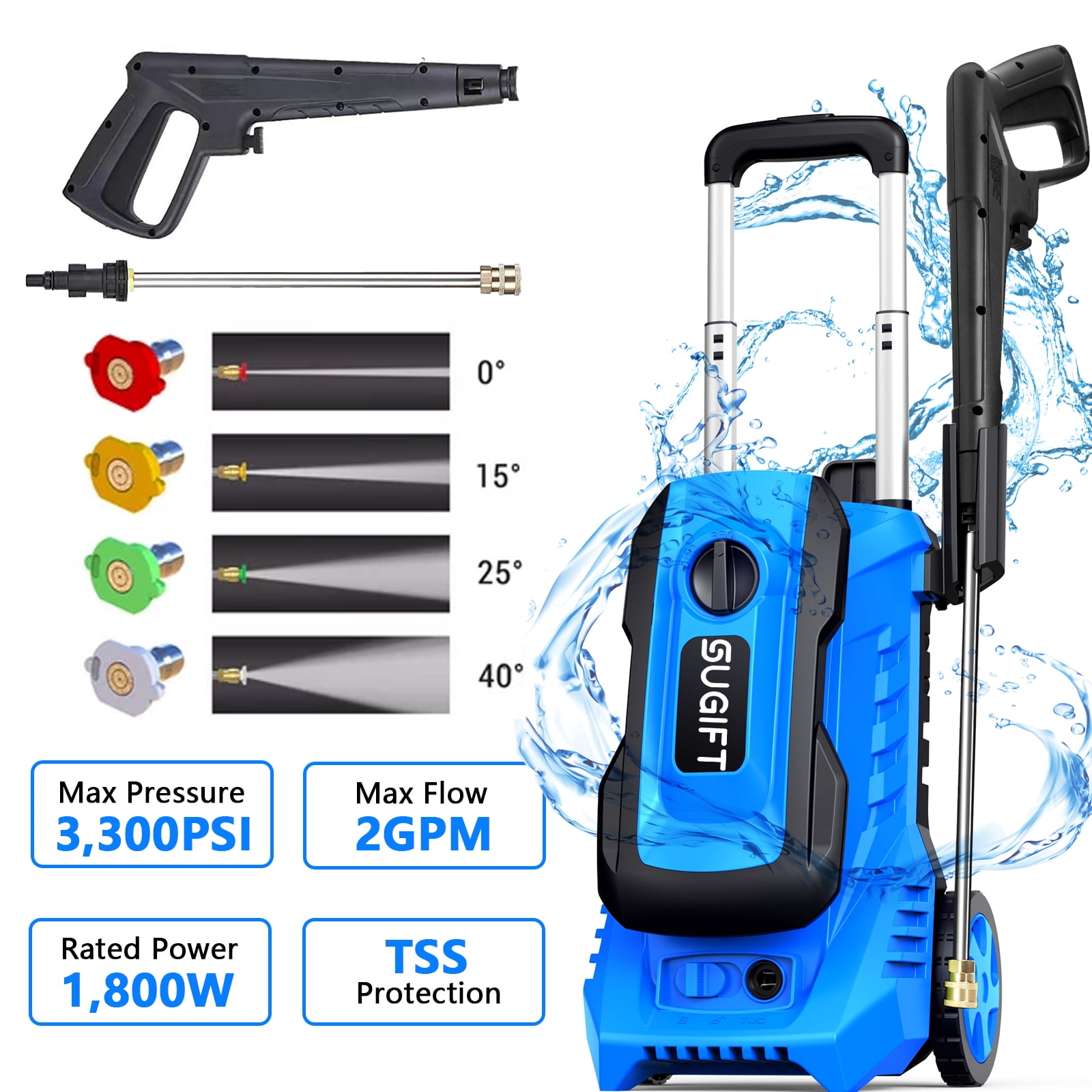 SUGIFT 3300PSI Electric Pressure Washer High Power Pressure with 4 Nozzles  Foam Cannon and Hose Reel 