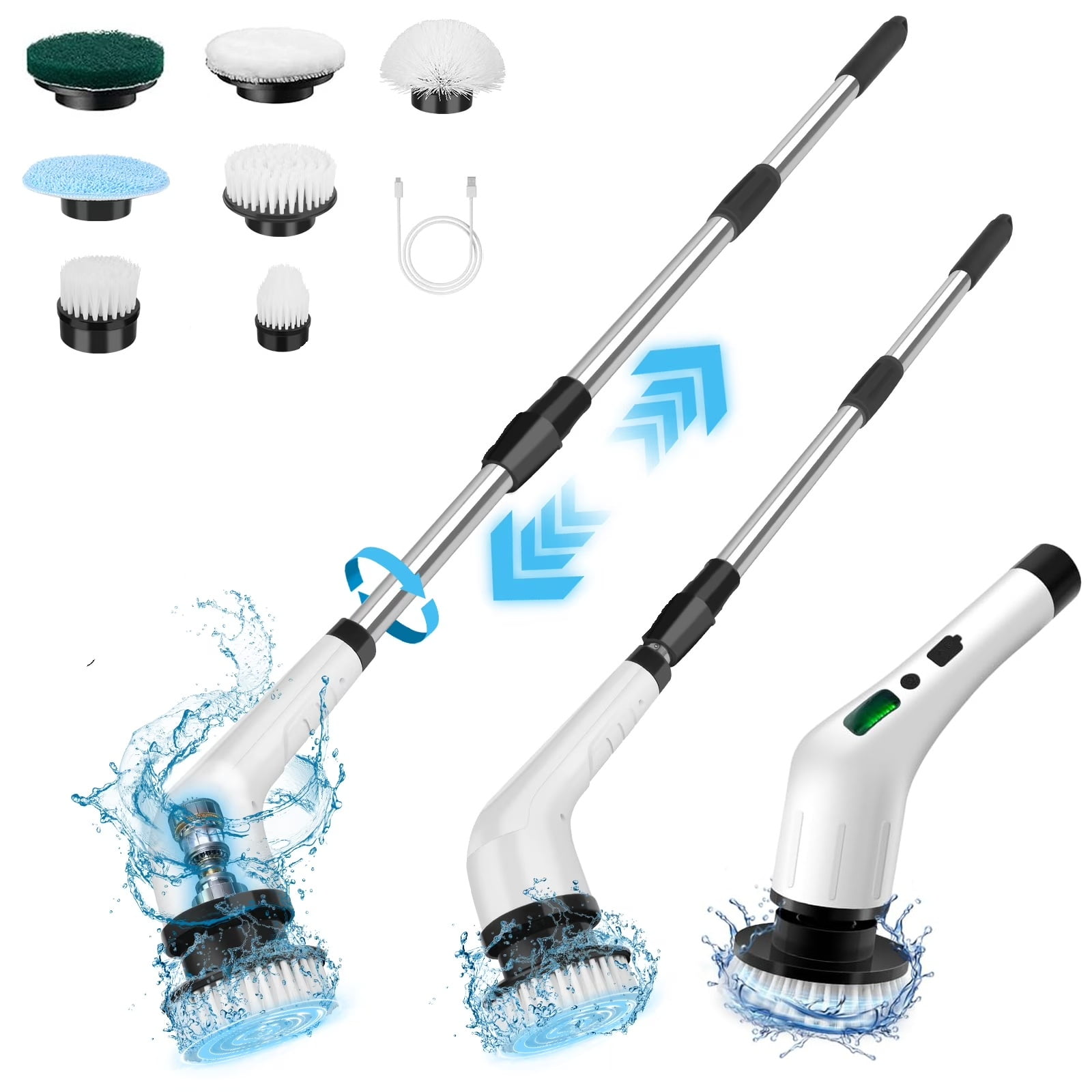 SUGIFT Electric Spin Scrubber, Cordless Cleaning Brush with 8 Replaceable Brush Heads, Waterproof Shower Scrubber with Extension Long Handle, 2 Adjustable Speeds for Bathroom, White