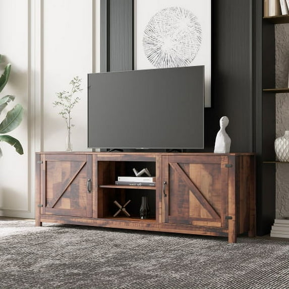 SUGIFT Farmhouse TV Stand, Wood Entertainment Center Media Console with Storage