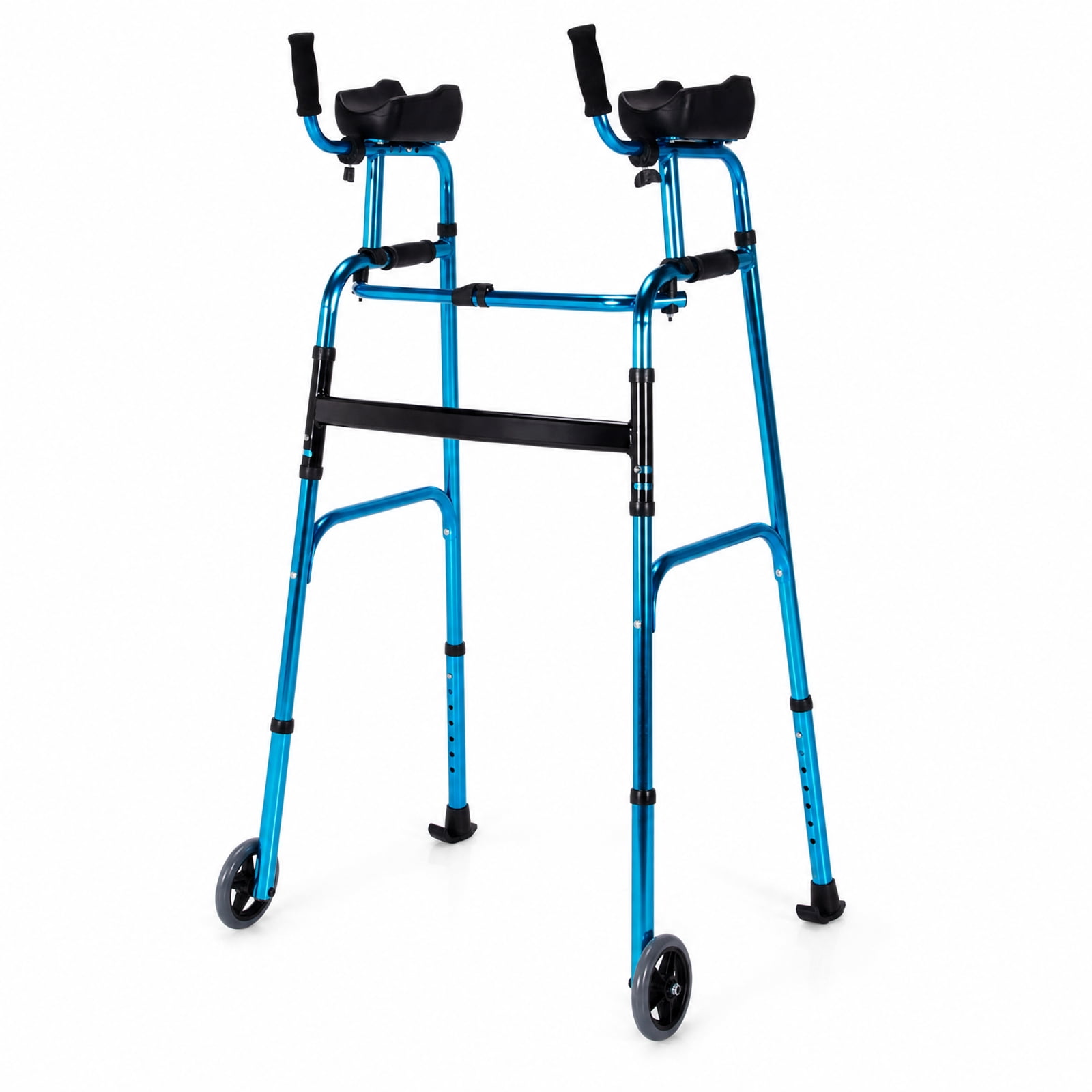 SUGIFT Folding Adjustable Walking Frame with Wheels and Armrest Support, Lightweight Aluminum Mobility Walker with Padded Forearm Rests for Seniors, Navy