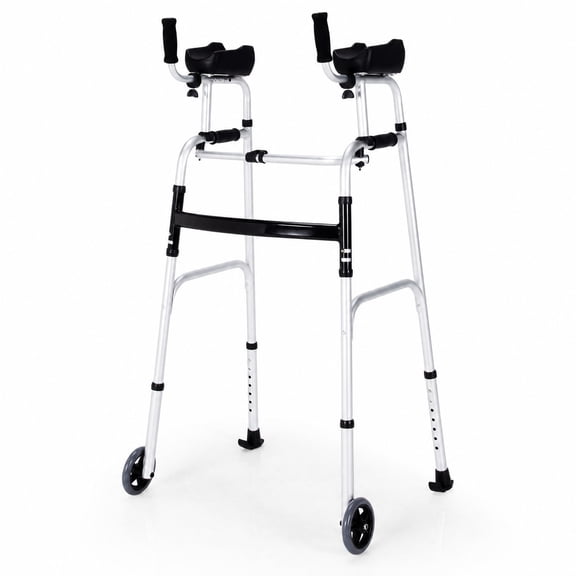 SUGIFT Folding Adjustable Walking Frame with Wheels and Armrest Support, Lightweight Aluminum Mobility Walker with Padded Forearm Rests for Seniors, Silver
