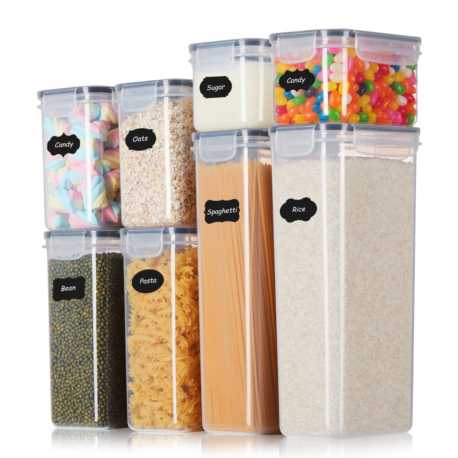 SUGIFT Airtight Food Storage Containers with Lids, 8pcs Plastic Kitchen Pantry Organization Canisters for Cereal, Dry Food, Flour and Sugar, Black