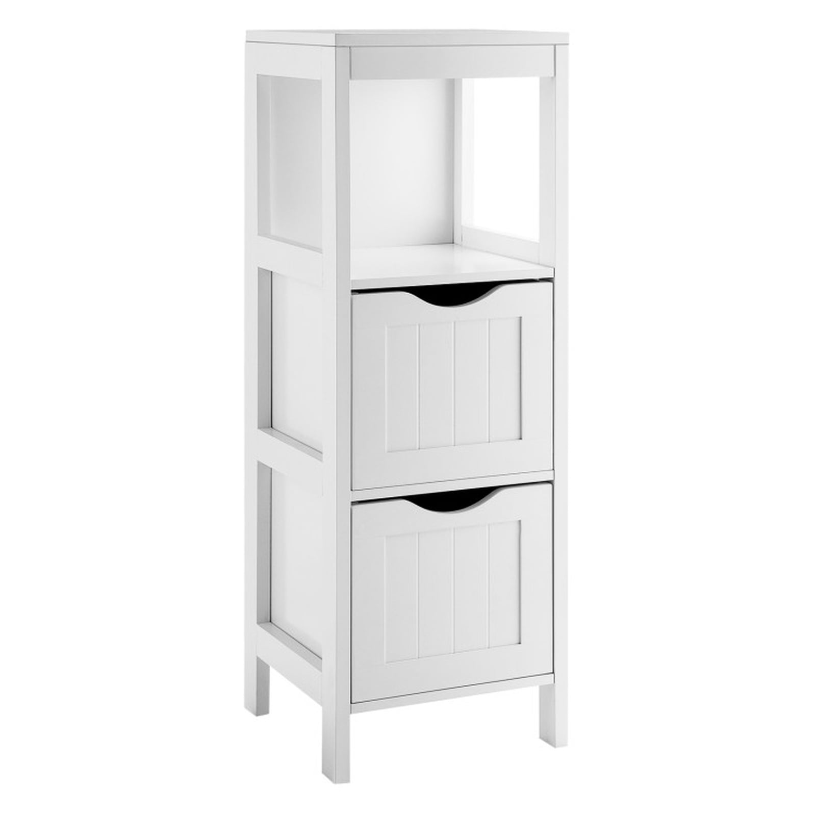 SUGIFT Freestanding Bathroom Storage Cabinet with 2 Removable Drawers, Narrow Wood Floor Storage Cabinet with Open Shelves, Slim Accent Cabinet for Bathroom Kitchen, White